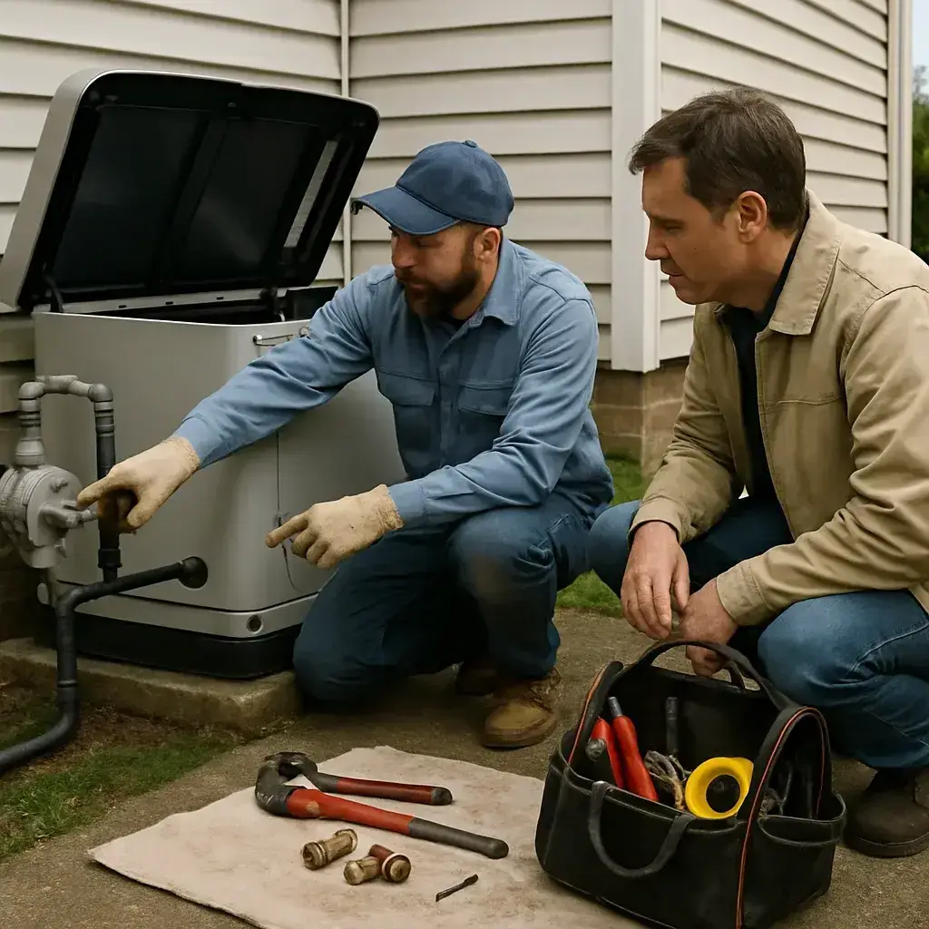 Technician explains generator fuel line connection cost to homeowner in Sunnyvale