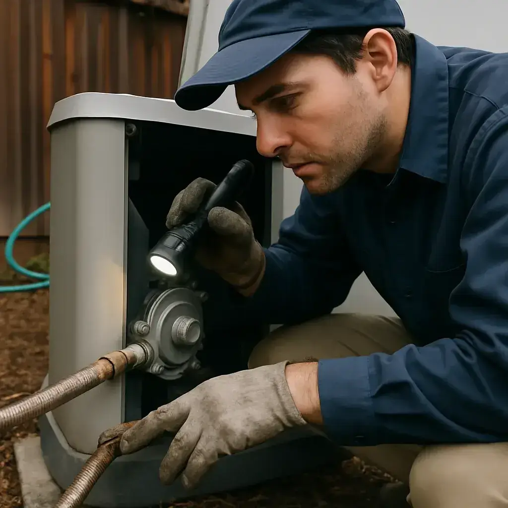 Technician inspecting generator fuel line connection at a Sunnyvale home