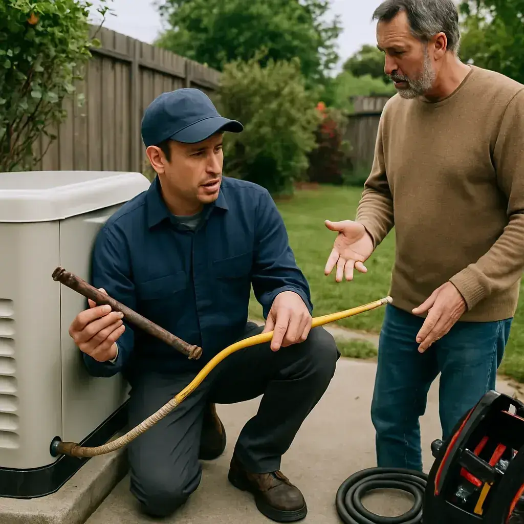 Contractor comparing old and new generator fuel line parts in Sunnyvale yard