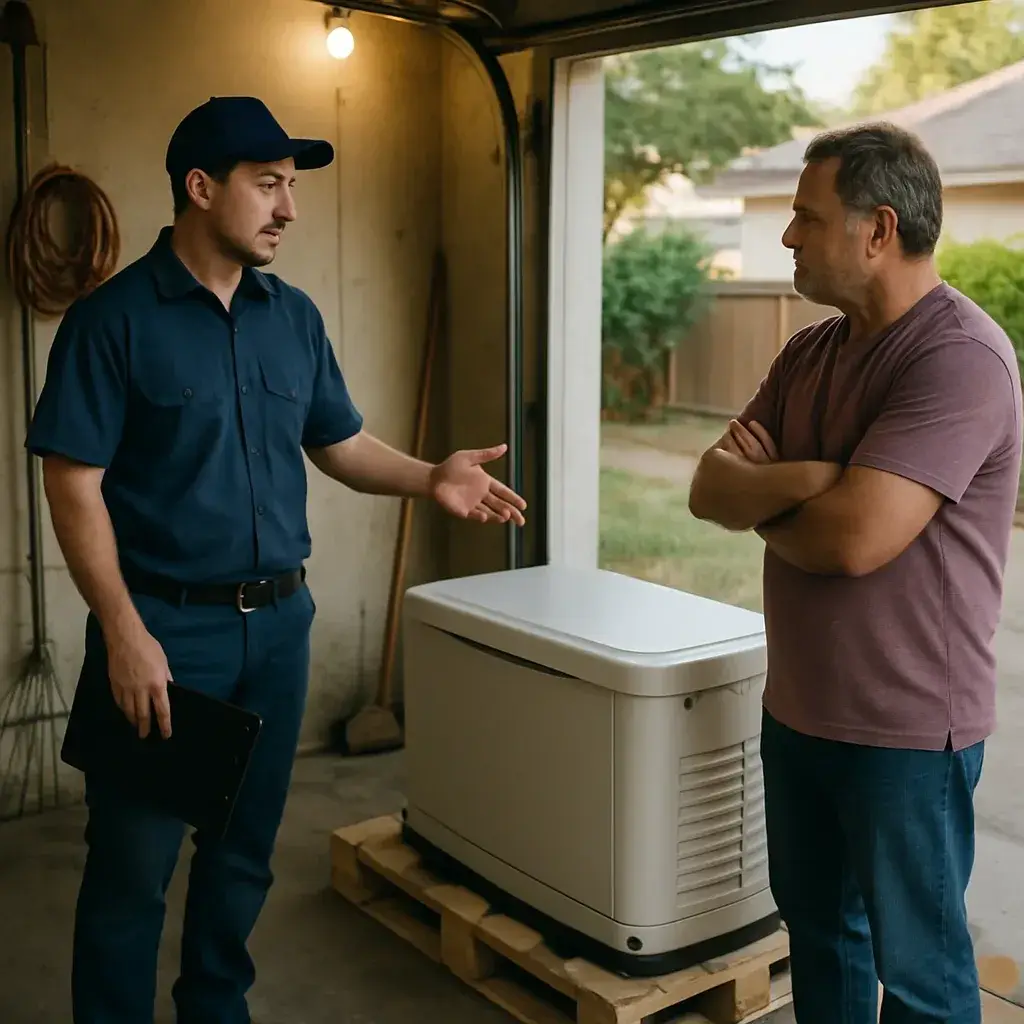 Technician explains generator fuel line connection limits to homeowner in Sunnyvale garage