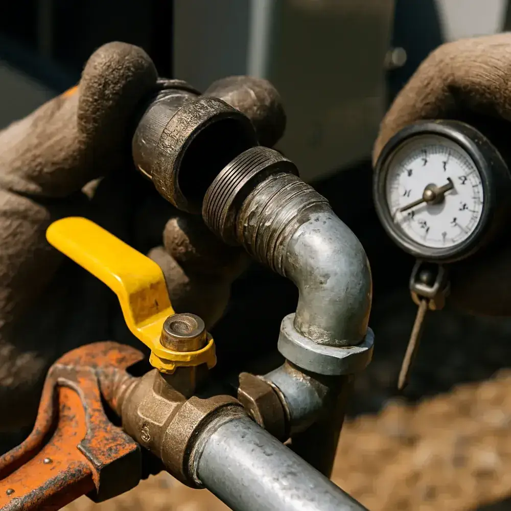 Close-up of pipe fitting and valve on generator fuel line connection job