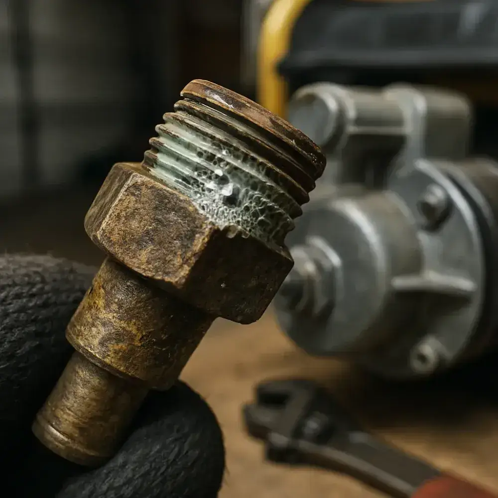 generator-fuel-line-corroded-fitting-leak-test-closeup Corroded fuel line fitting from generator connection test in Sunnyvale