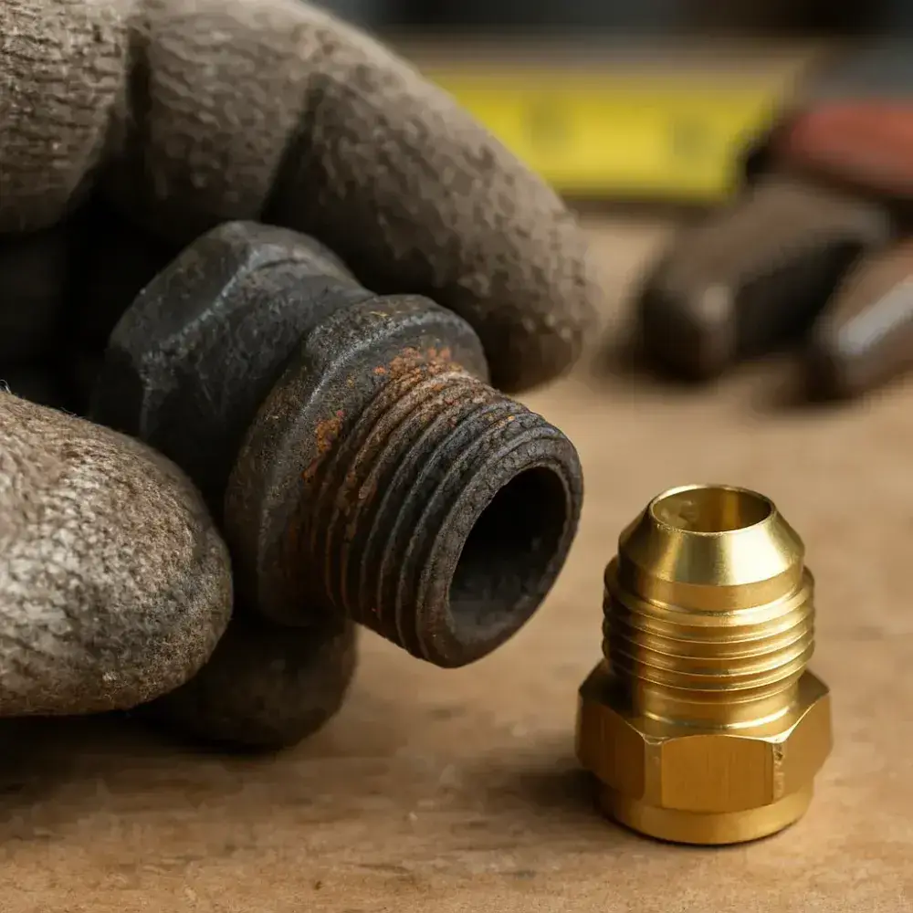 Corroded gas pipe fitting beside new part from generator fuel line repair
