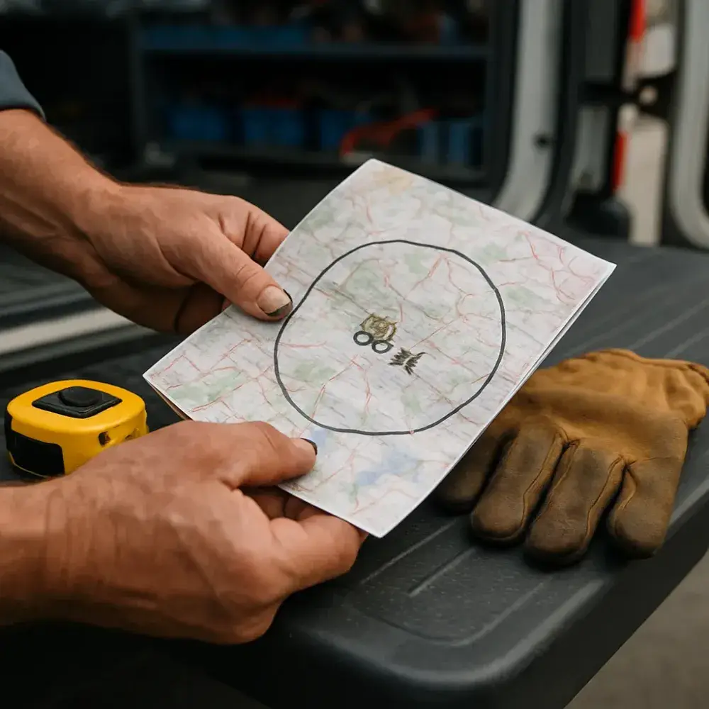 Technician's hands hold service radius map showing generator fuel line connection limits