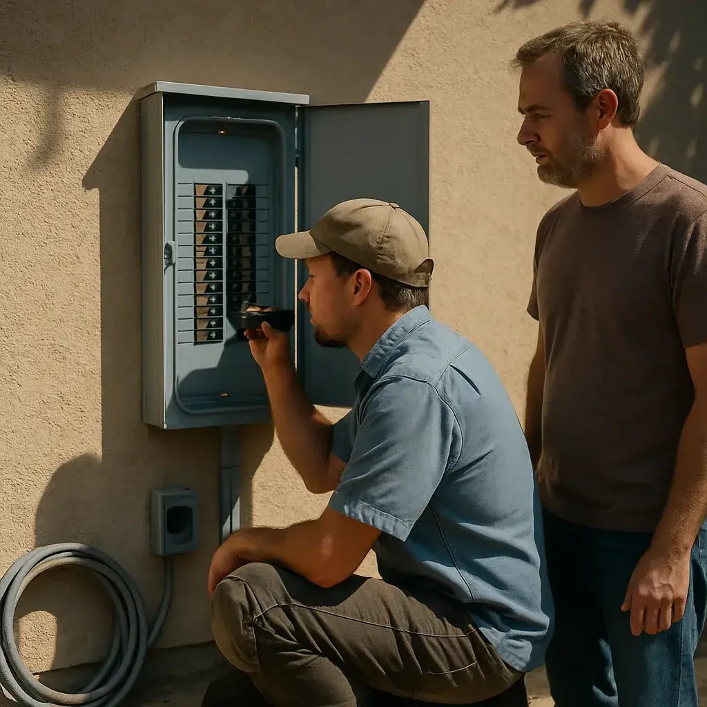 HVAC contractor inspecting home electrical panel for generator hookup in Sunnyvale