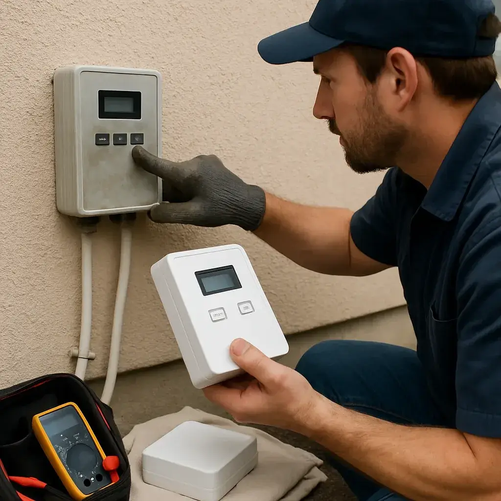 Technician comparing old and new generator monitoring modules in Sunnyvale