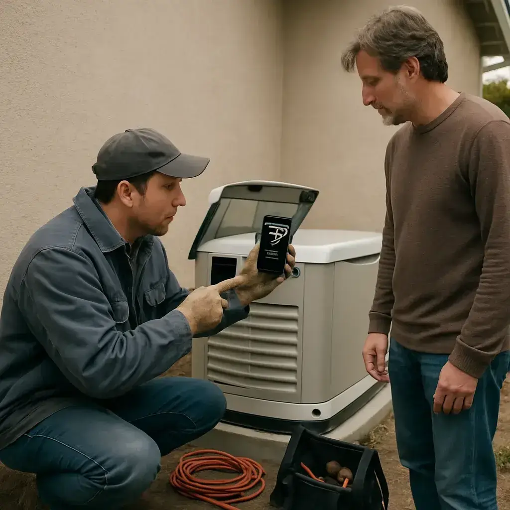 Technician and homeowner reviewing generator monitoring setup signal at pad