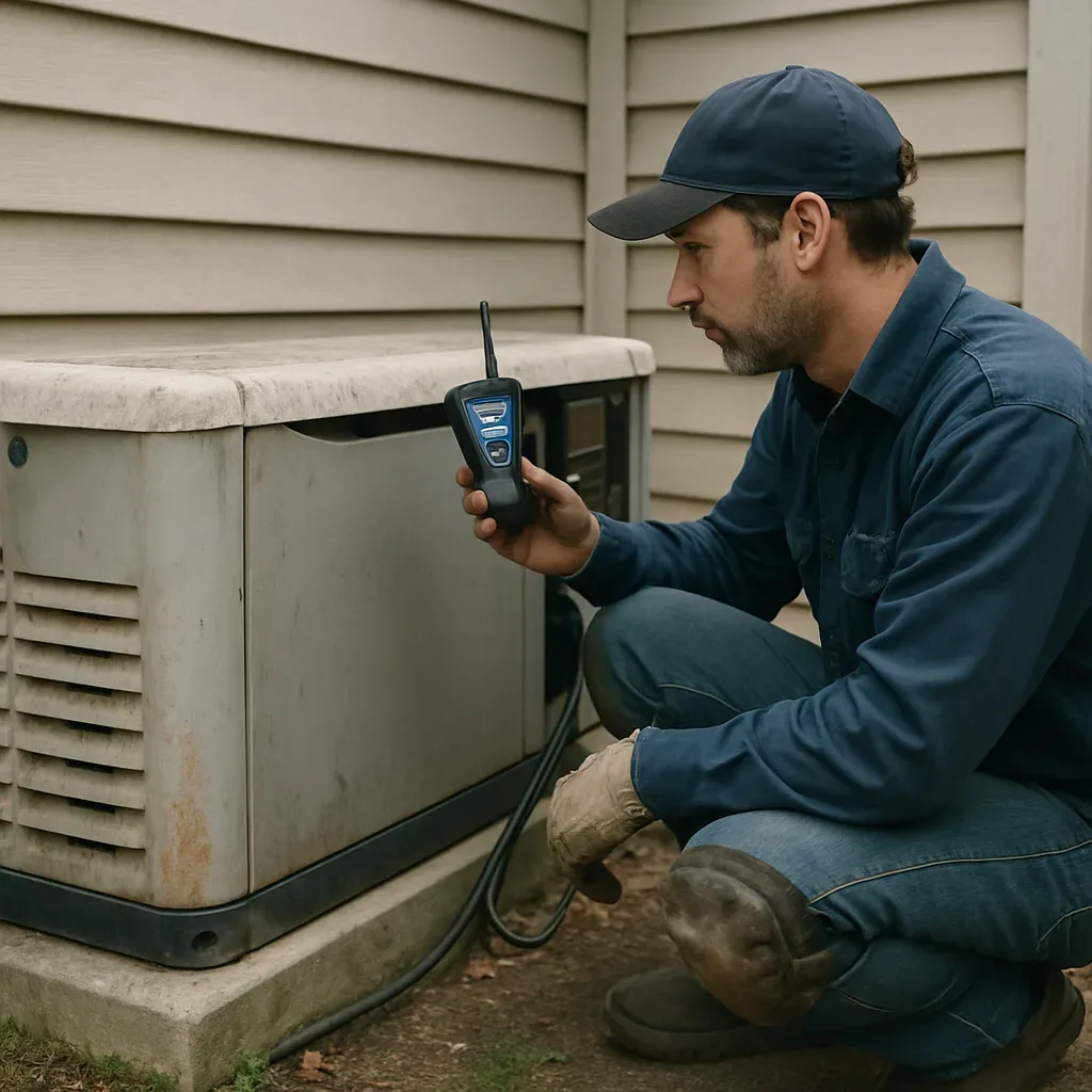 Technician checks Wi-Fi signal near generator during monitoring setup in Sunnyvale