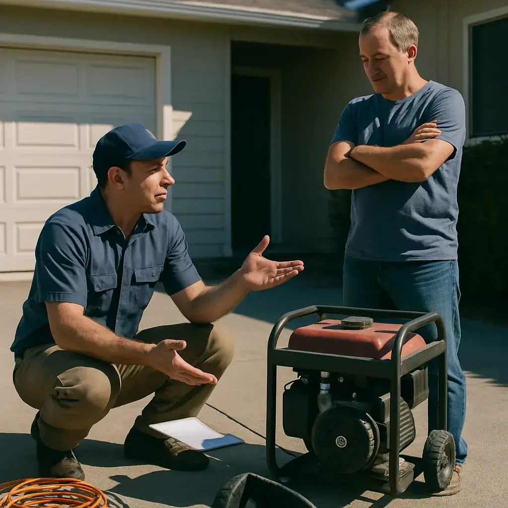 HVAC technician explains generator monitoring limits to homeowner in Sunnyvale driveway