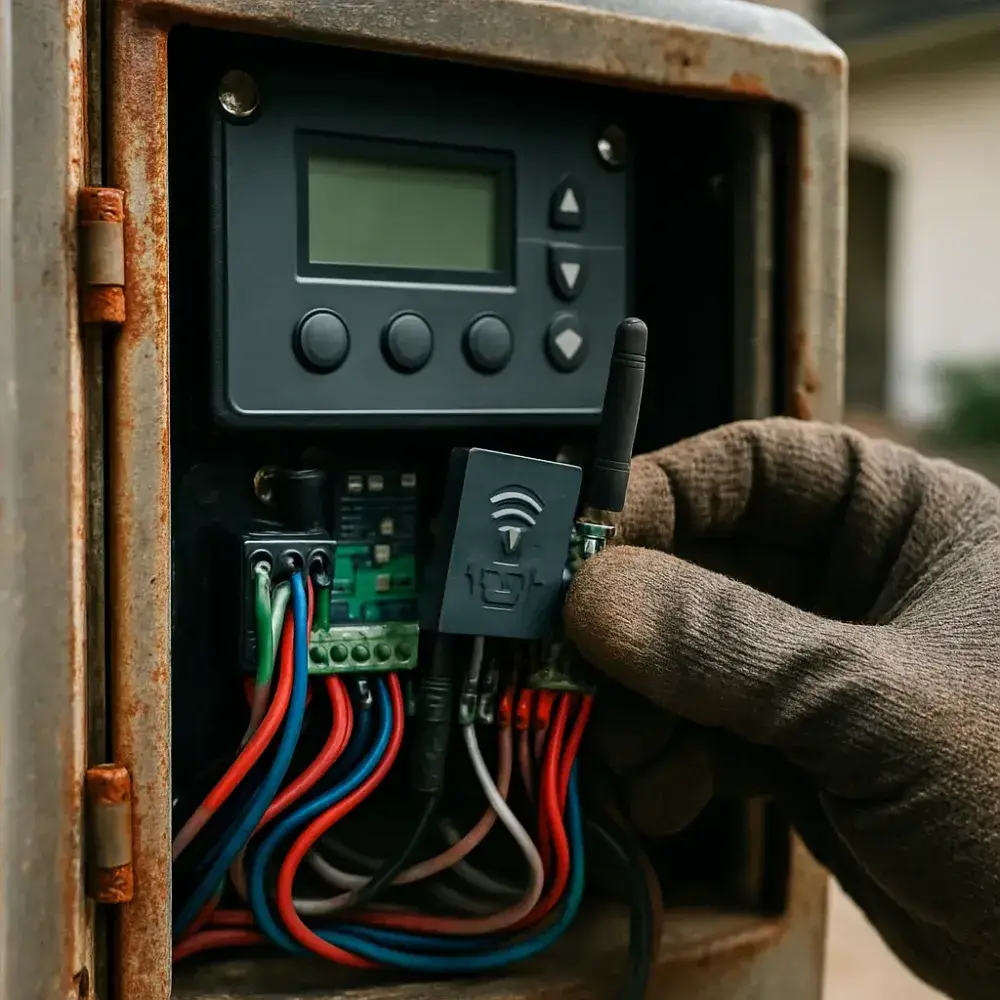 Close-up of Wi-Fi module wiring inside generator monitoring setup control panel
