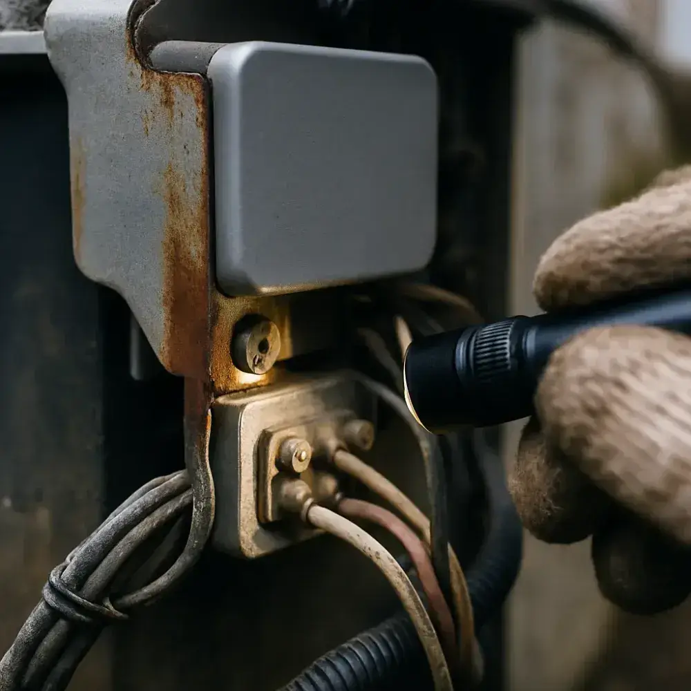 Close-up of corroded generator monitoring bracket during setup inspection in Sunnyvale