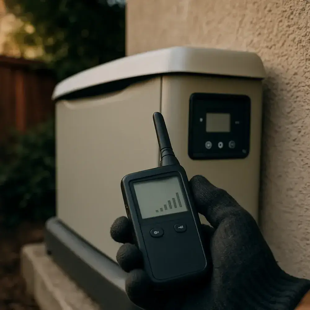 generator-monitoring-signal-check-standby-panel-location Technician checks signal strength near standby generator panel in shaded Sunnyvale yard