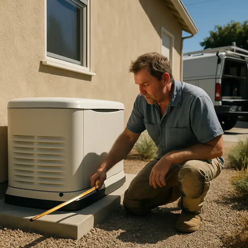 Technician measures generator clearance from window during pad placement in Sunnyvale