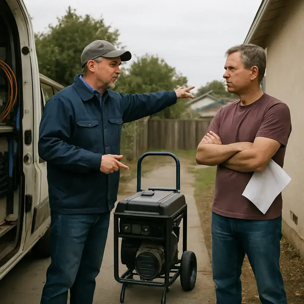 HVAC contractor explains generator pad placement limits to Sunnyvale homeowner outdoors