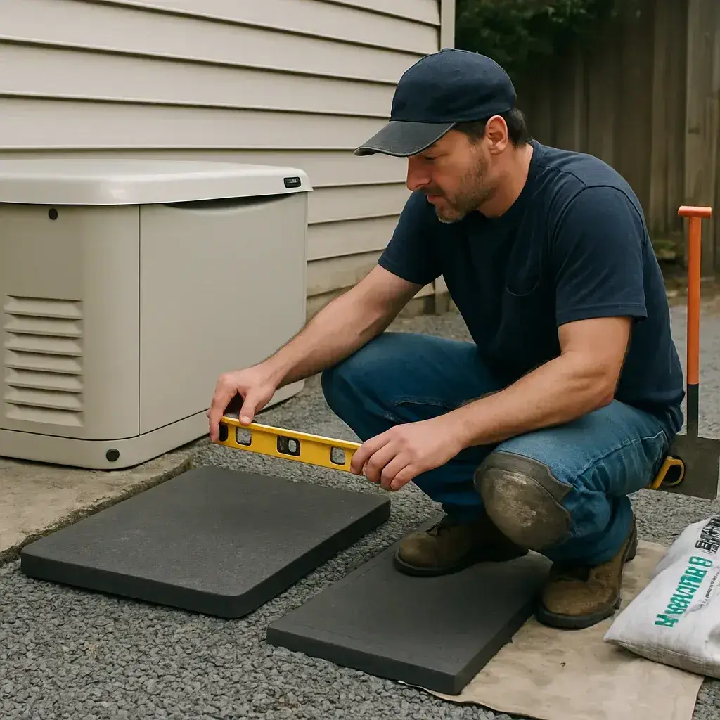 Contractor comparing cracked and new generator pad during Sunnyvale HVAC repair job