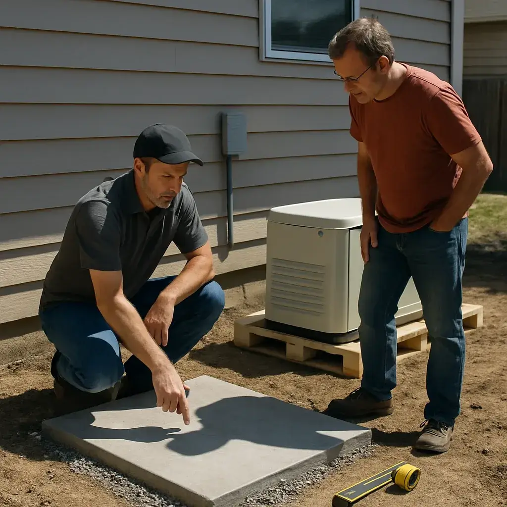 Contractor and homeowner reviewing generator pad placement in Sunnyvale backyard