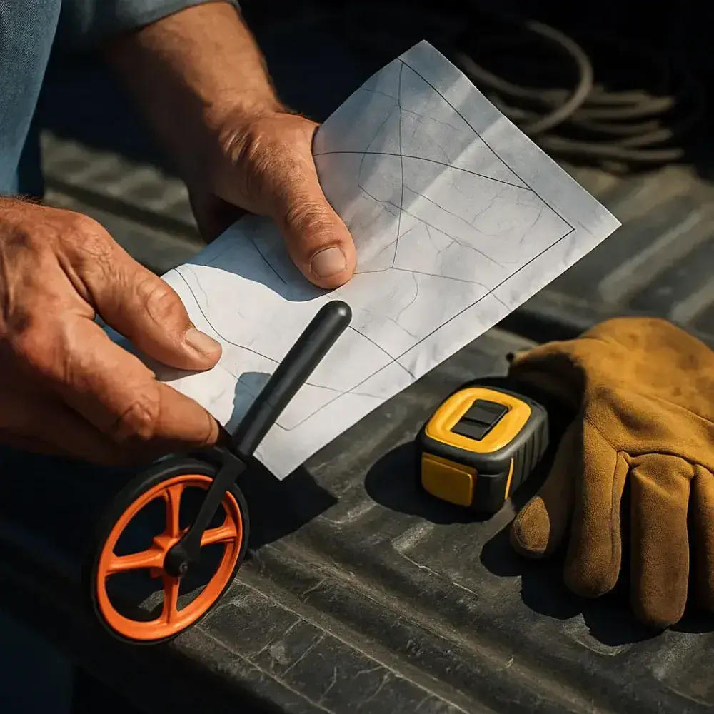 Contractor's hands check property boundary map before generator pad placement decision