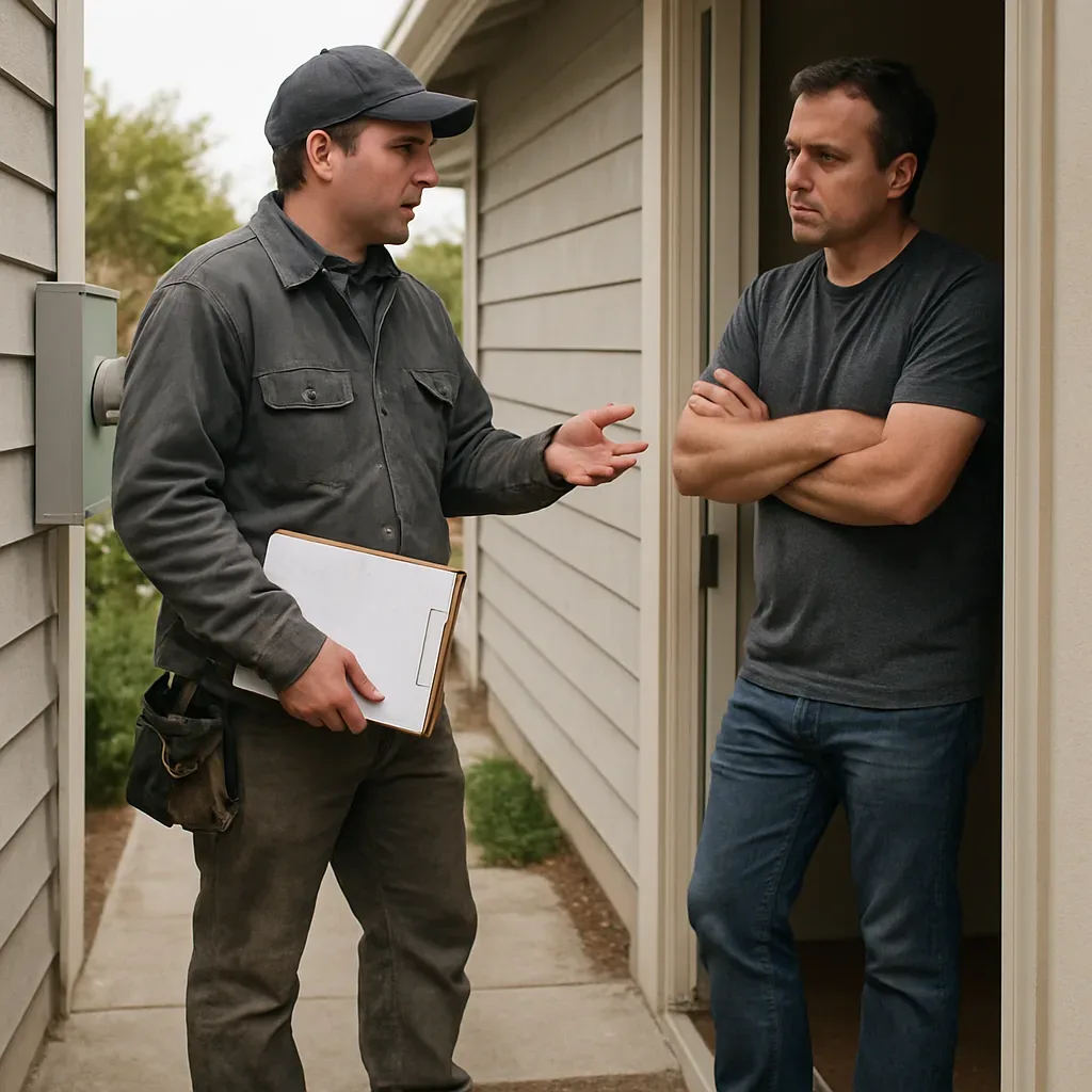 HVAC contractor and homeowner discuss generator sizing fit at Sunnyvale front door