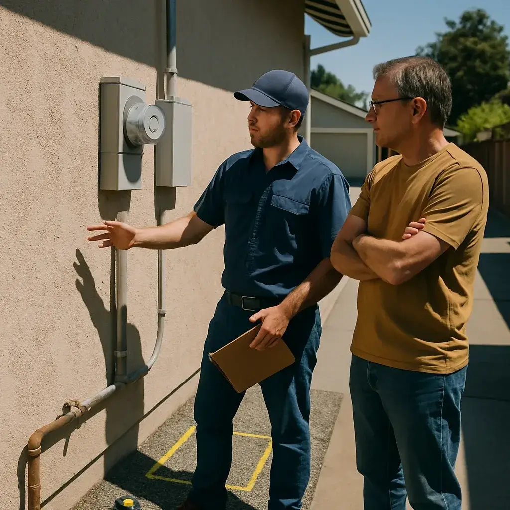 HVAC contractor consulting homeowner on generator sizing at Sunnyvale home exterior