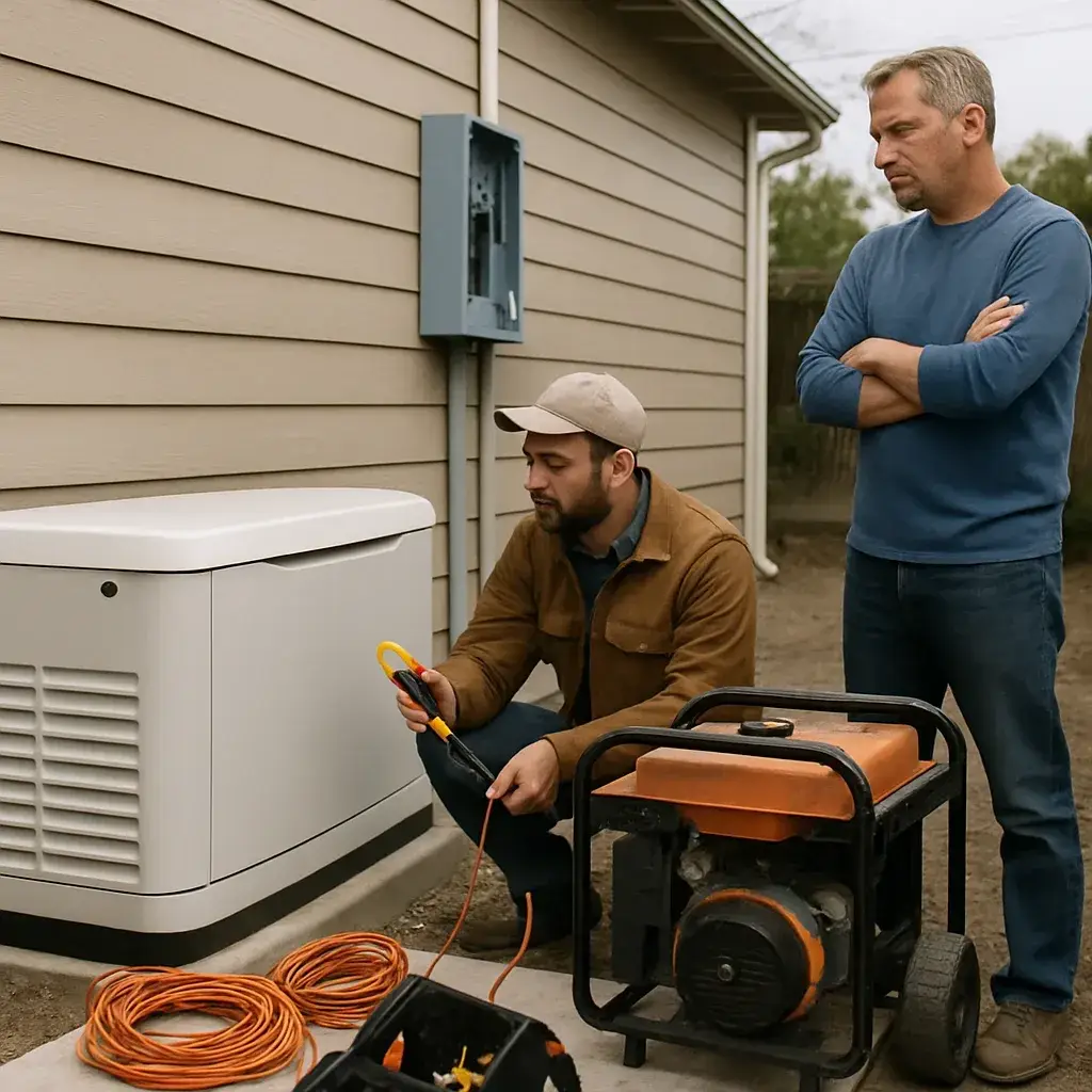 Contractor comparing generator sizes during consultation at Sunnyvale home