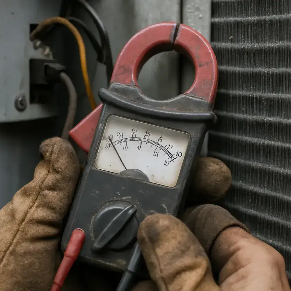 generator-sizing-ac-compressor-startup-surge-amp-meter Amp meter reads AC compressor startup surge during generator sizing check