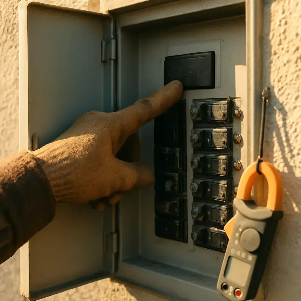 Close-up of electrical panel breakers inspected during generator sizing visit in Sunnyvale