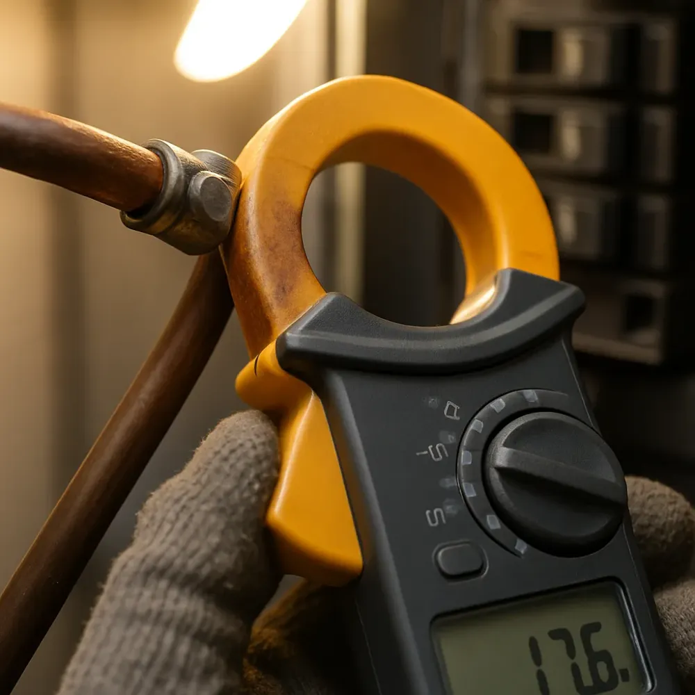 generator-sizing-load-measurement-clamp-meter-closeup Clamp meter measuring electrical load during generator sizing in Sunnyvale