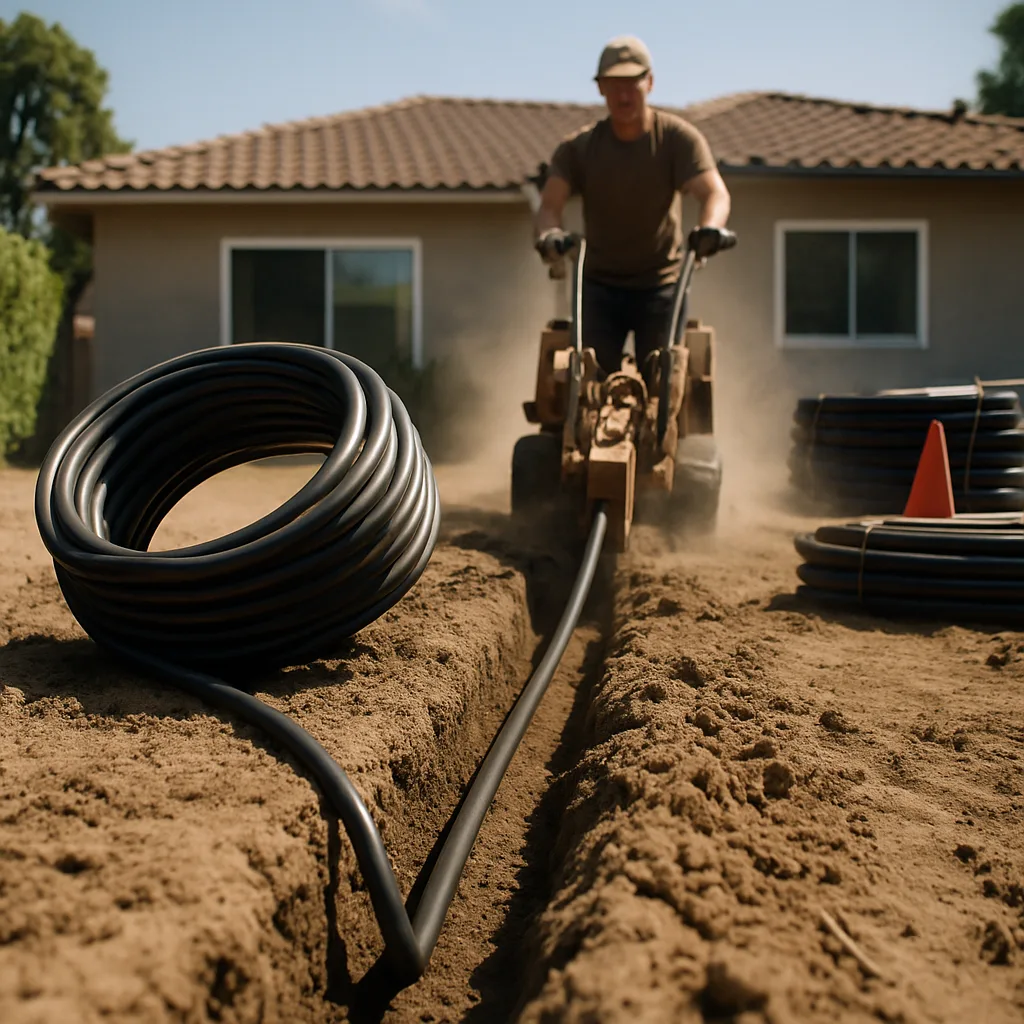 Geothermal HVAC installation trenching for loop field pipe in Sunnyvale open ground