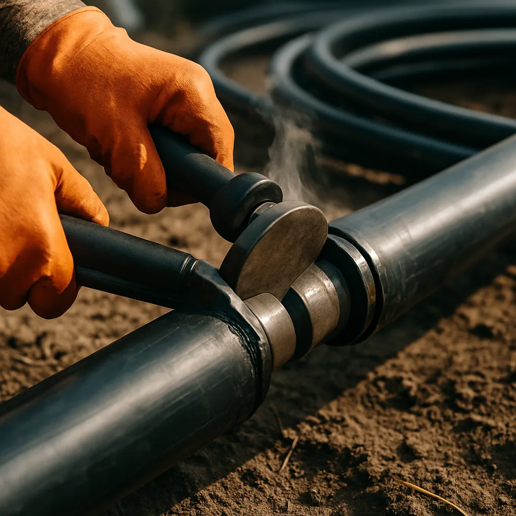 Technician fusing geothermal loop pipe during HVAC installation in Sunnyvale