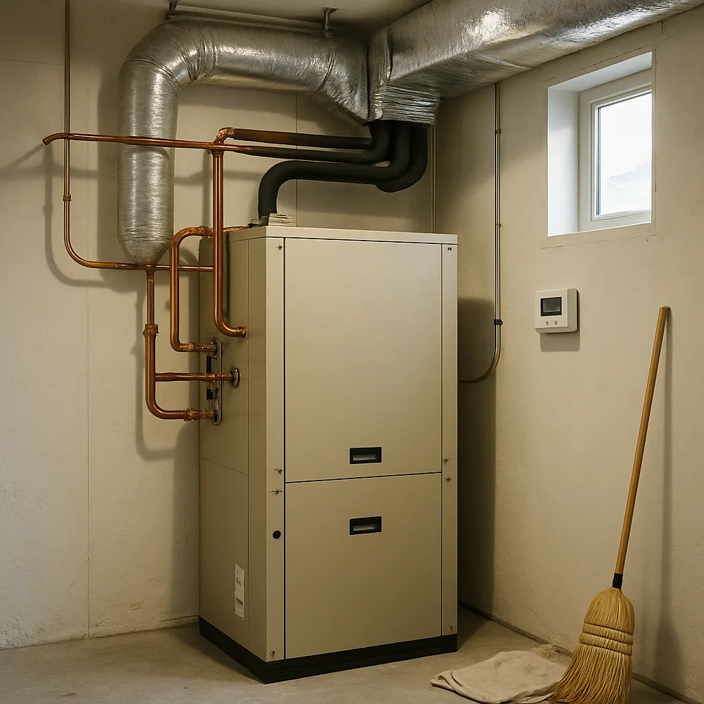 Completed geothermal heat pump installation inside Sunnyvale building mechanical room