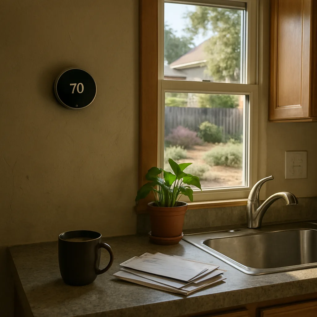 Sunnyvale kitchen thermostat reflecting stable comfort after geothermal HVAC installation