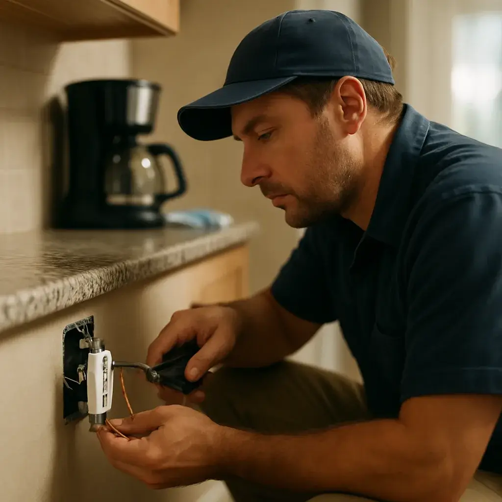Electrician installing GFCI outlet near kitchen countertop during Sunnyvale home service call