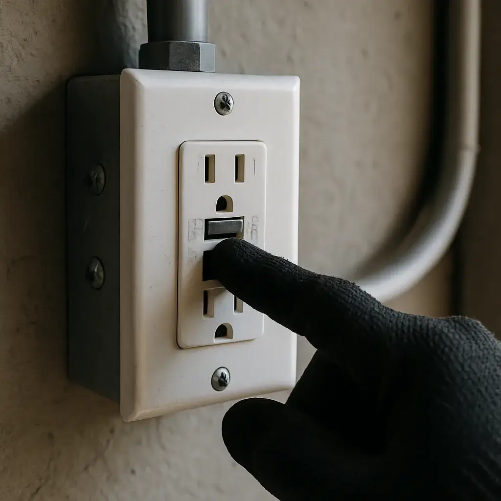 gfci-outlet-test-button-garage-wall-sunnyvale Close-up of gloved hand testing GFCI outlet mounted on Sunnyvale garage wall