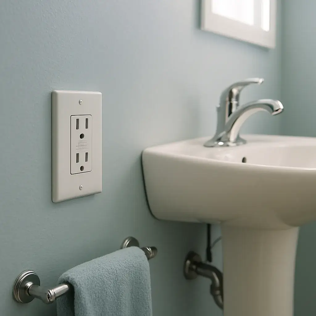 gfci-outlet-installed-bathroom-sink-sunnyvale-result Finished GFCI outlet installed beside bathroom sink in Sunnyvale home