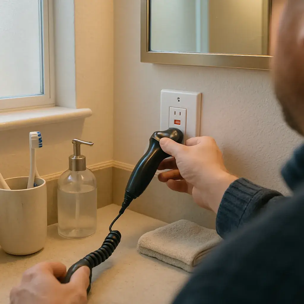 gfci-outlet-daily-use-bathroom-sunnyvale-home Homeowner plugging in device at GFCI outlet in Sunnyvale bathroom mirror area