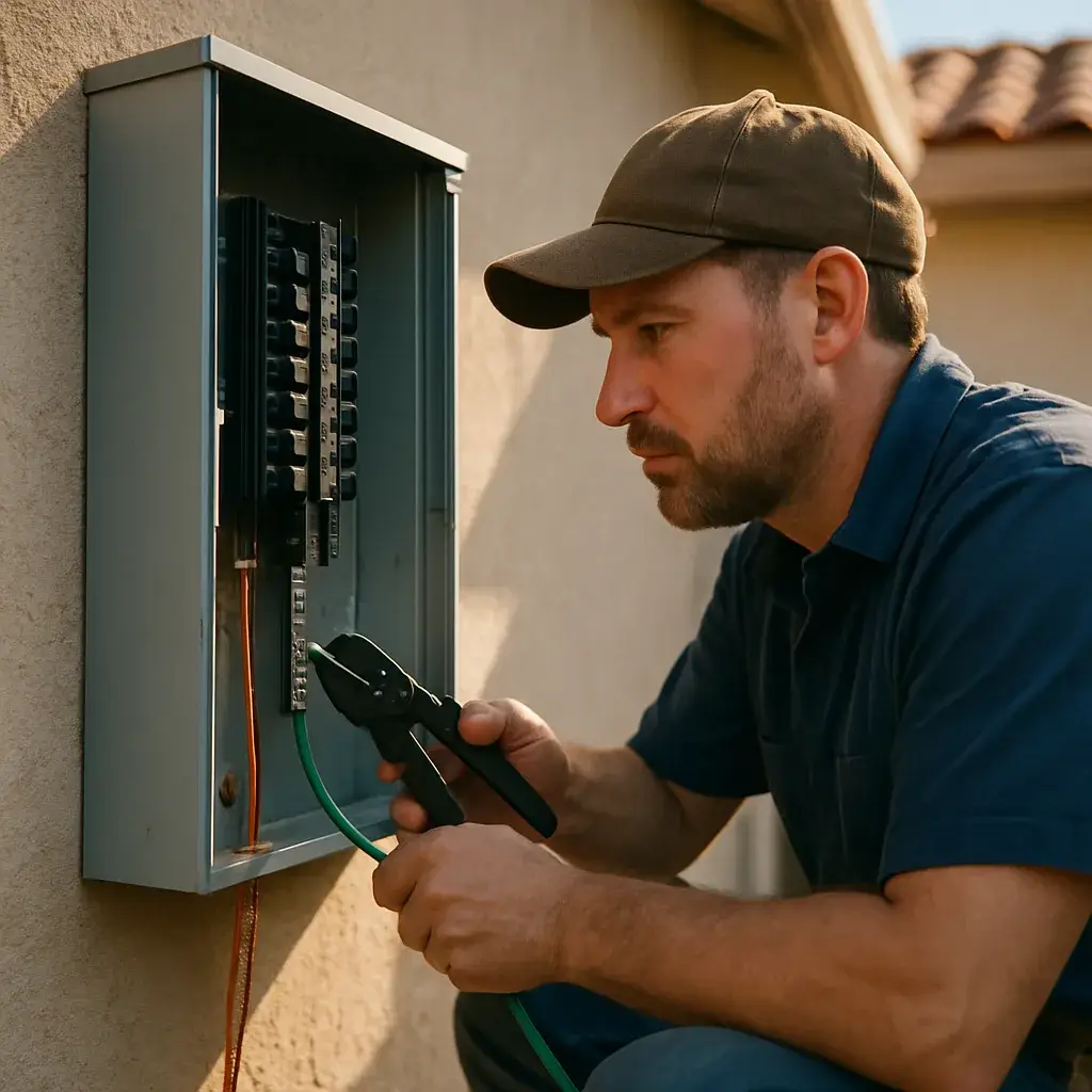 Contractor connecting copper ground wire to panel during ground wire installation in Sunnyvale