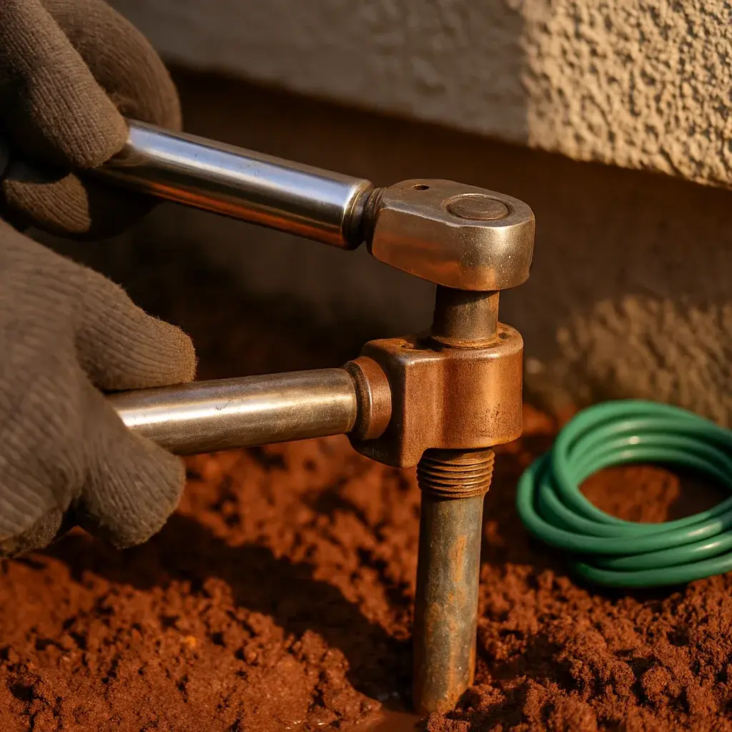 ground-rod-clamp-clay-soil-sunnyvale Hands tightening ground clamp on rod in clay soil, Sunnyvale ground wire installation