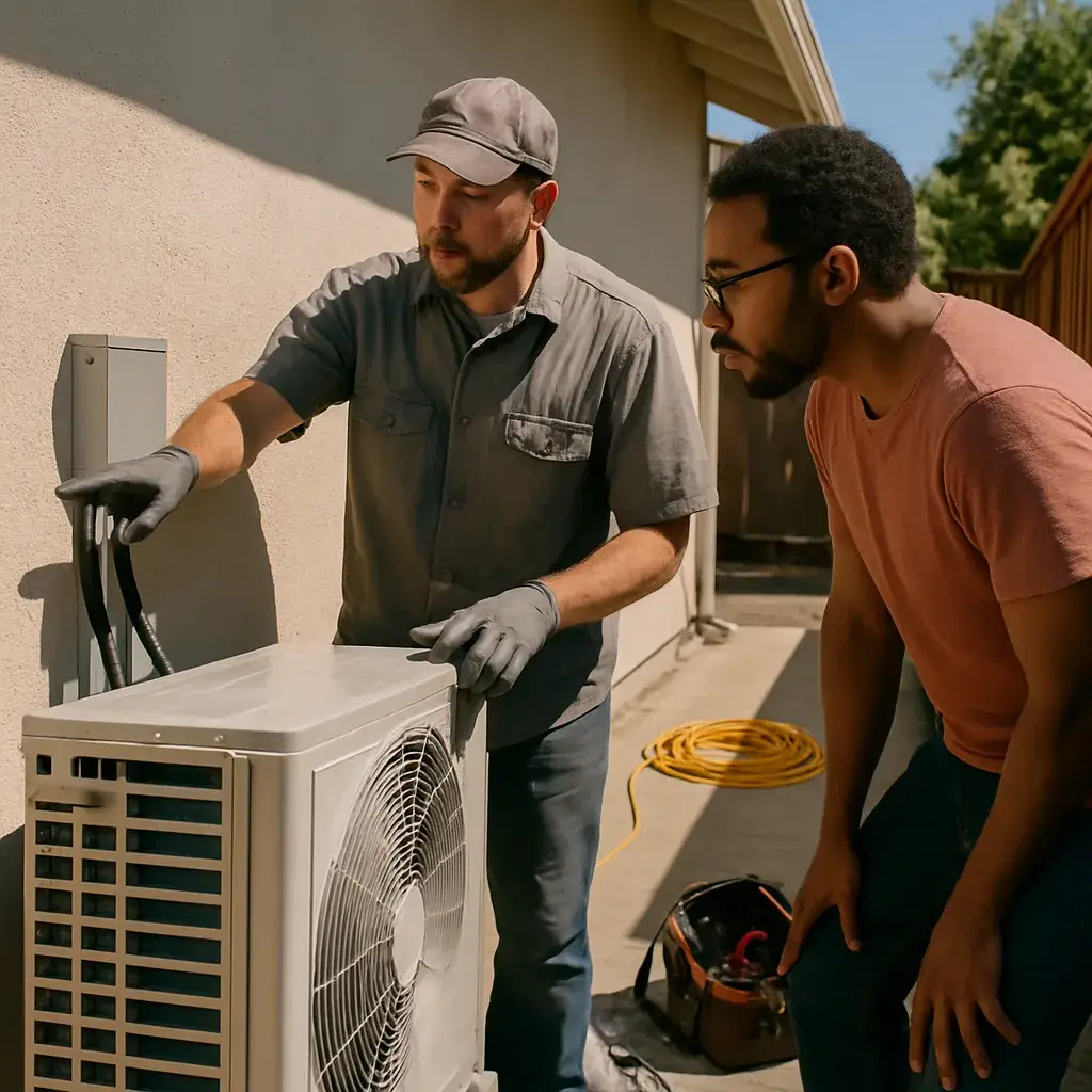 HVAC installer explains heat pump install cost factors to Sunnyvale homeowner outdoors