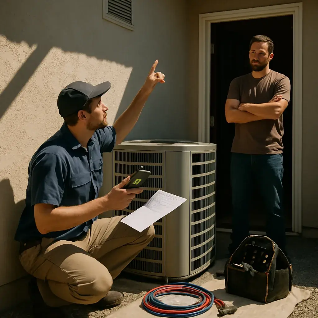 HVAC technician reviewing heat pump sizing with homeowner in Sunnyvale backyard