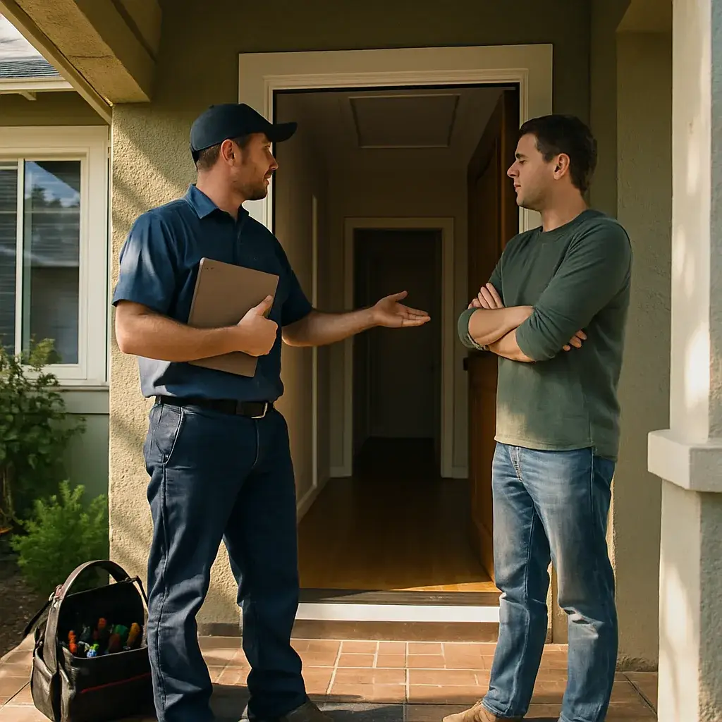Technician explains heat pump installation fit to homeowner at Sunnyvale front door