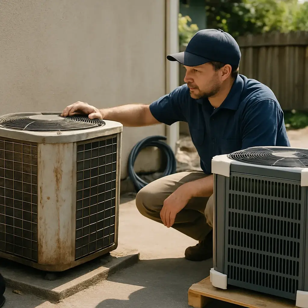 HVAC contractor comparing old and new heat pump units during Sunnyvale installation visit