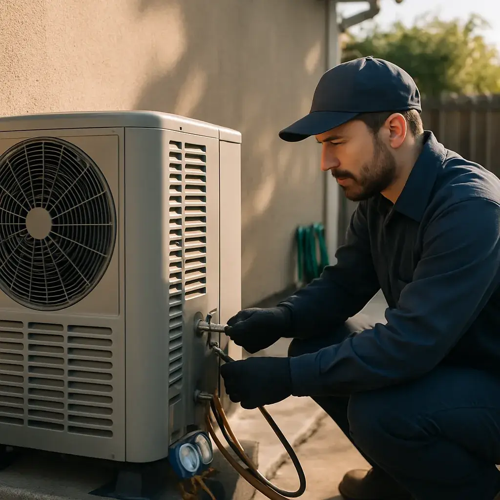 Technician installing outdoor heat pump condenser unit at Sunnyvale home exterior