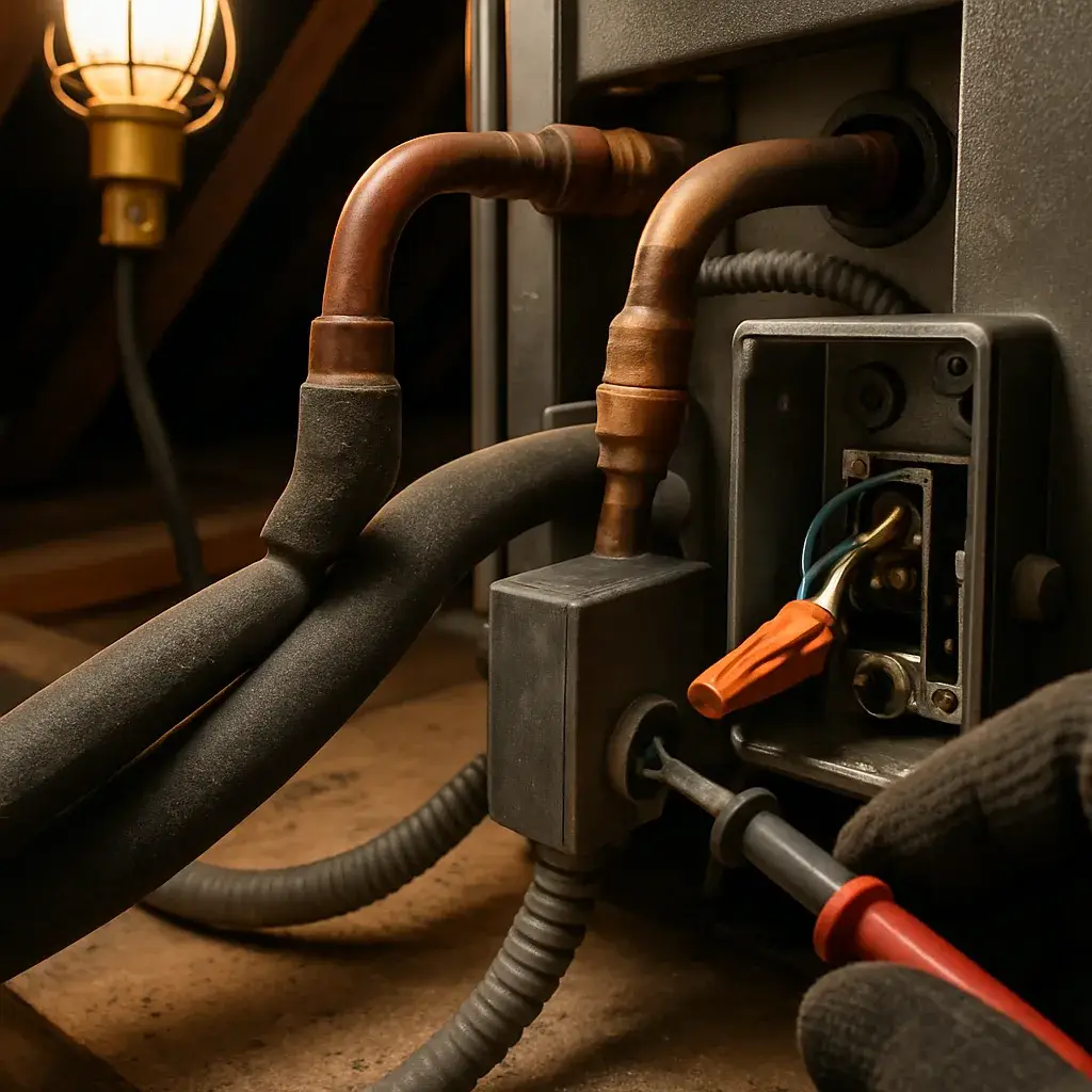 heat-pump-installation-electrical-refrigerant-lines-cost-factor Close-up of heat pump wiring and copper lines showing installation cost factors