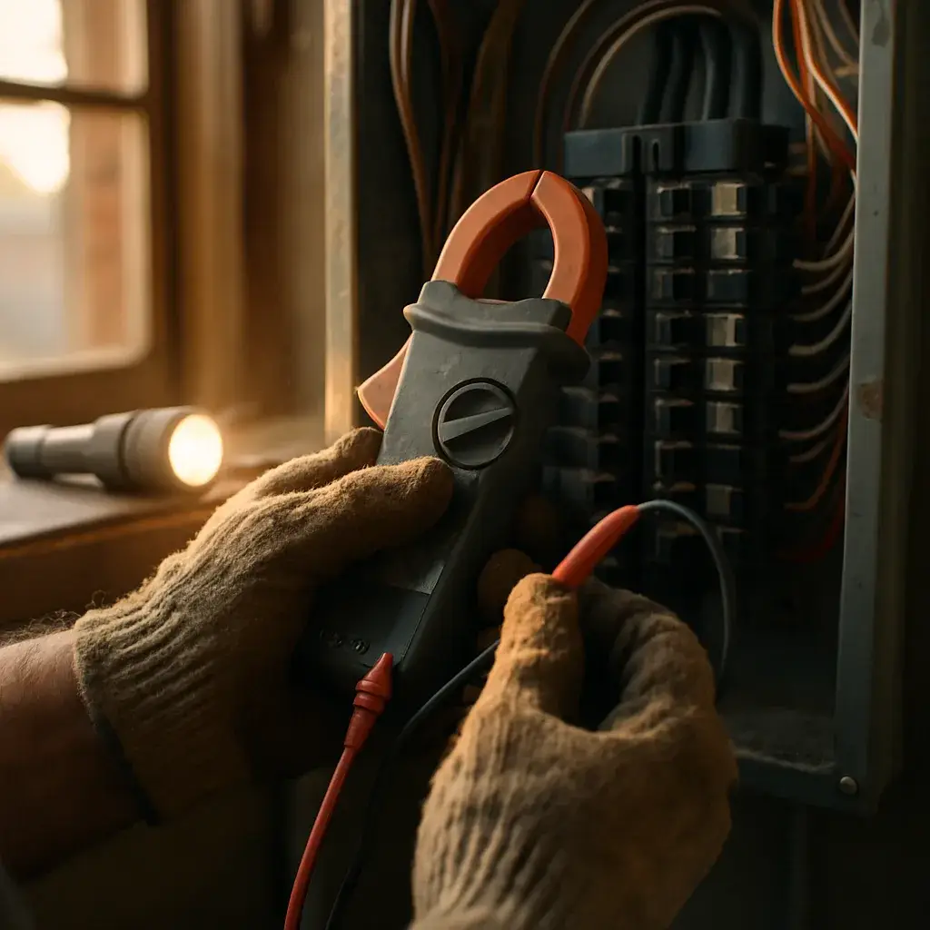 heat-pump-electrical-panel-capacity-check-closeup Technician checking electrical panel capacity for heat pump installation in Sunnyvale