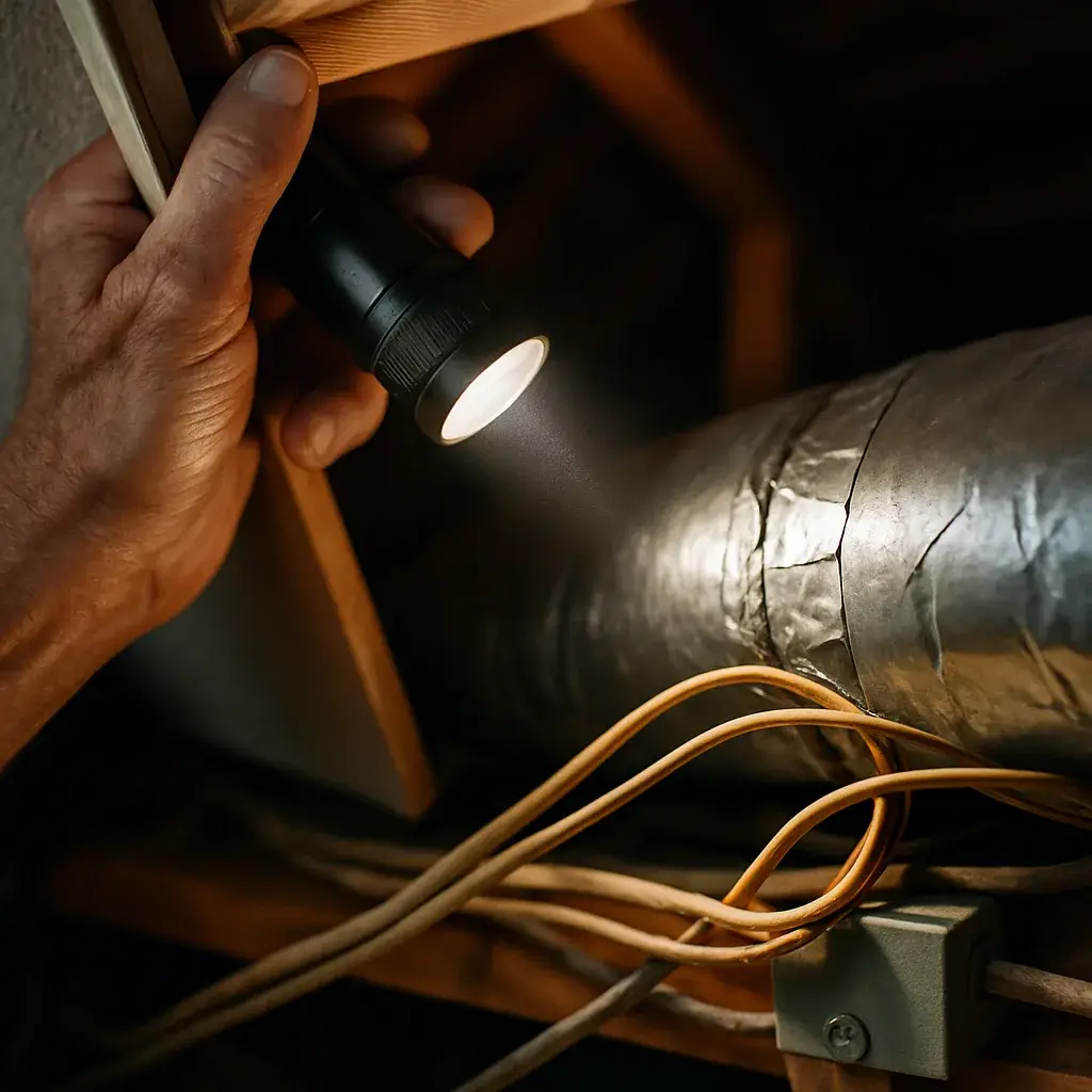 heat-pump-installation-ductwork-wiring-scope-check Aged ductwork and wiring inspected before heat pump installation scoping in Sunnyvale attic