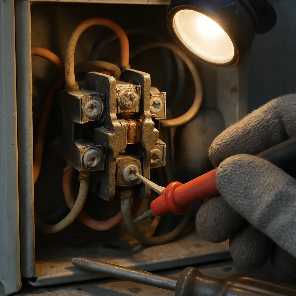 Close-up of corroded heat pump contactor and wiring inspected during Sunnyvale service call