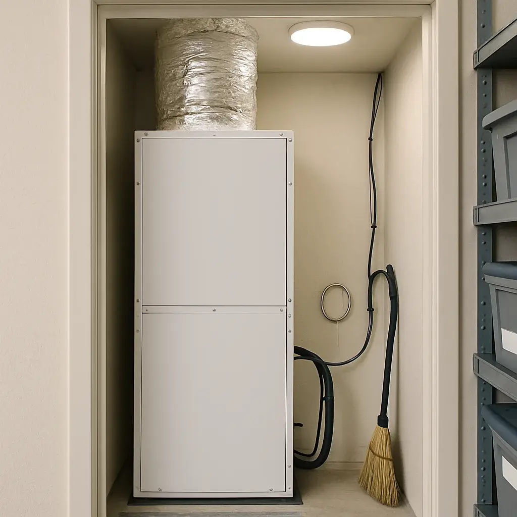heat-pump-installation-air-handler-result-sunnyvale Finished heat pump air handler installed in home garage utility closet