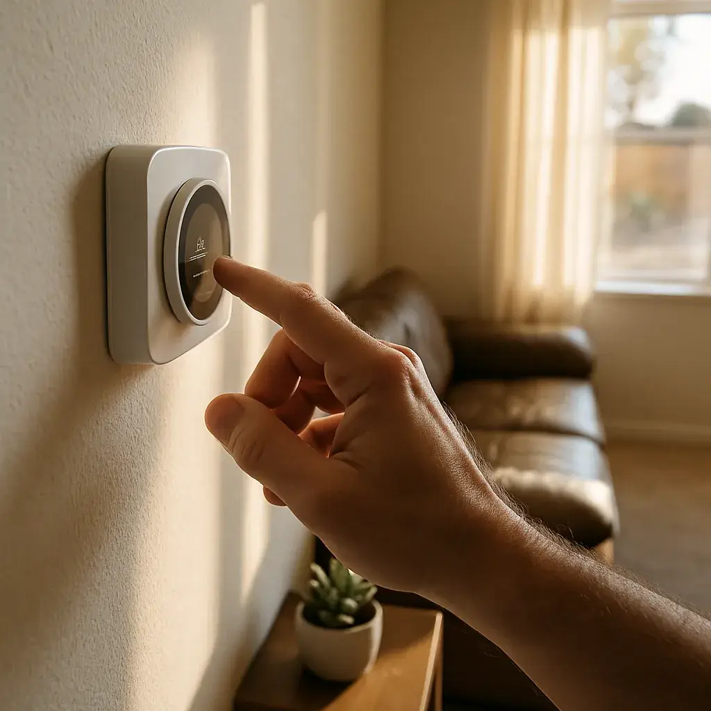 heat-pump-installation-thermostat-home-sunnyvale Homeowner adjusting thermostat after heat pump installation in Sunnyvale home