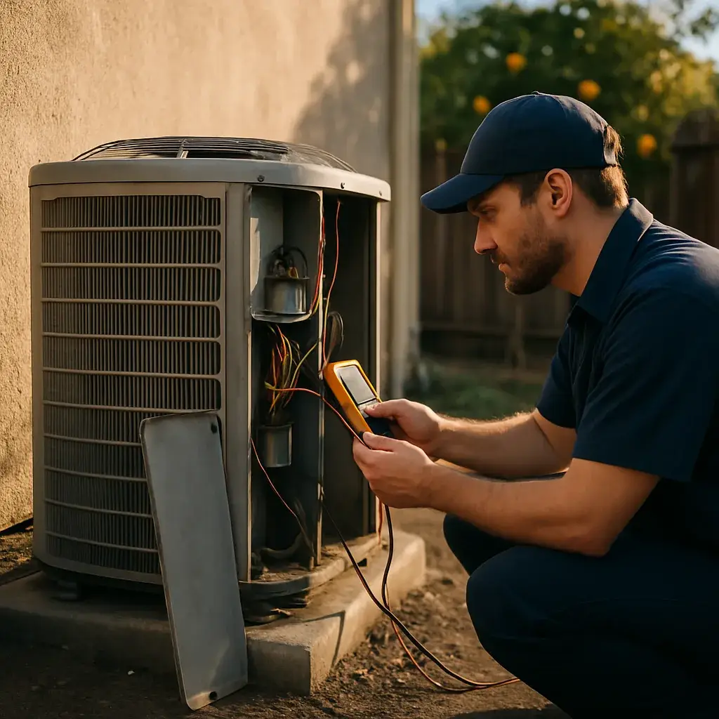 Technician testing heat pump capacitor voltage during repair visit in Sunnyvale