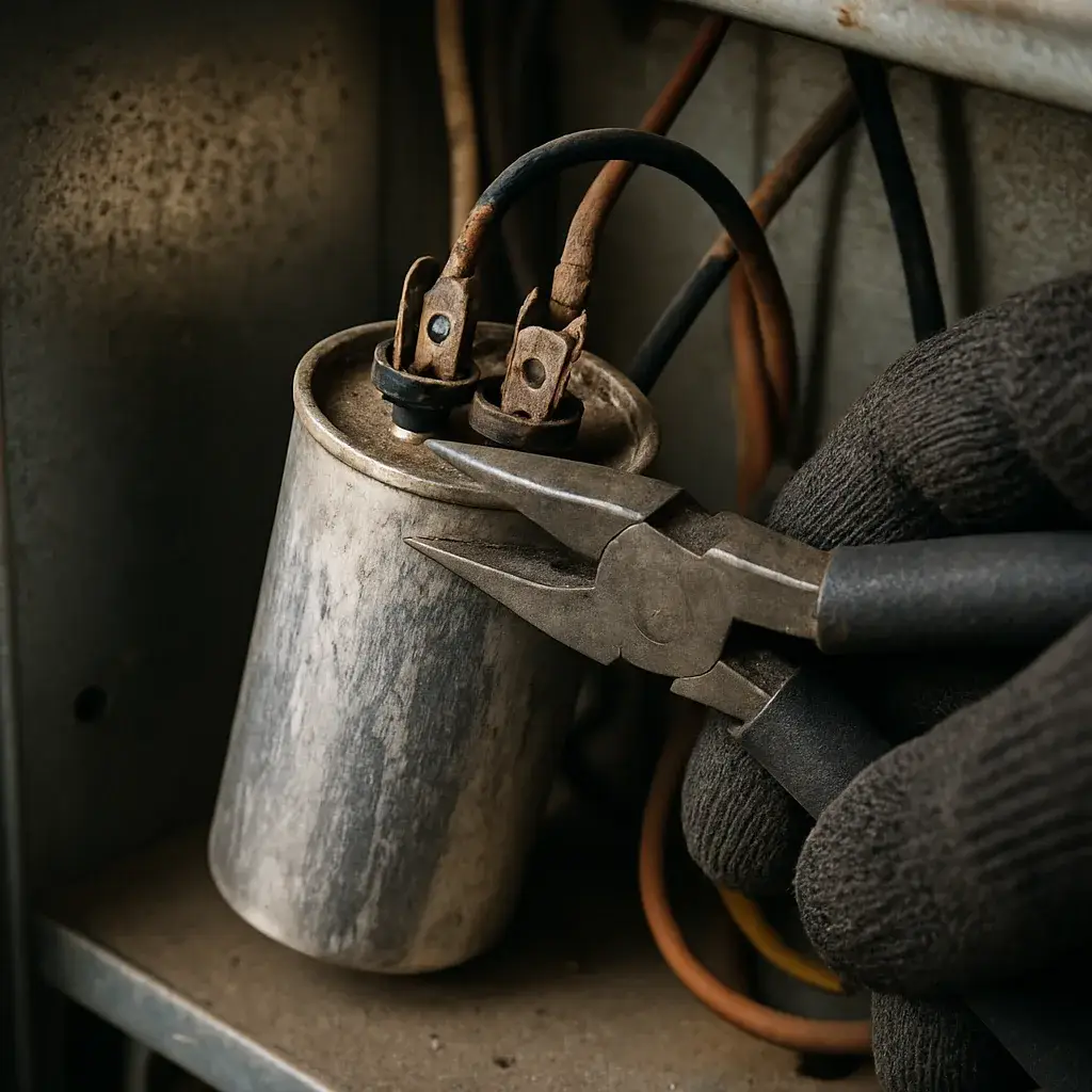 heat-pump-repair-corroded-capacitor-removal-detail-sunnyvale Close-up of corroded heat pump capacitor removal during Sunnyvale repair service